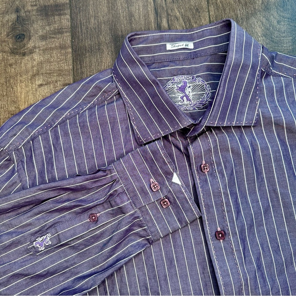 Bugatchi Uomo Purple Pinstriped Button Down Shirt - Mens Size: XXL Shaped Fit
